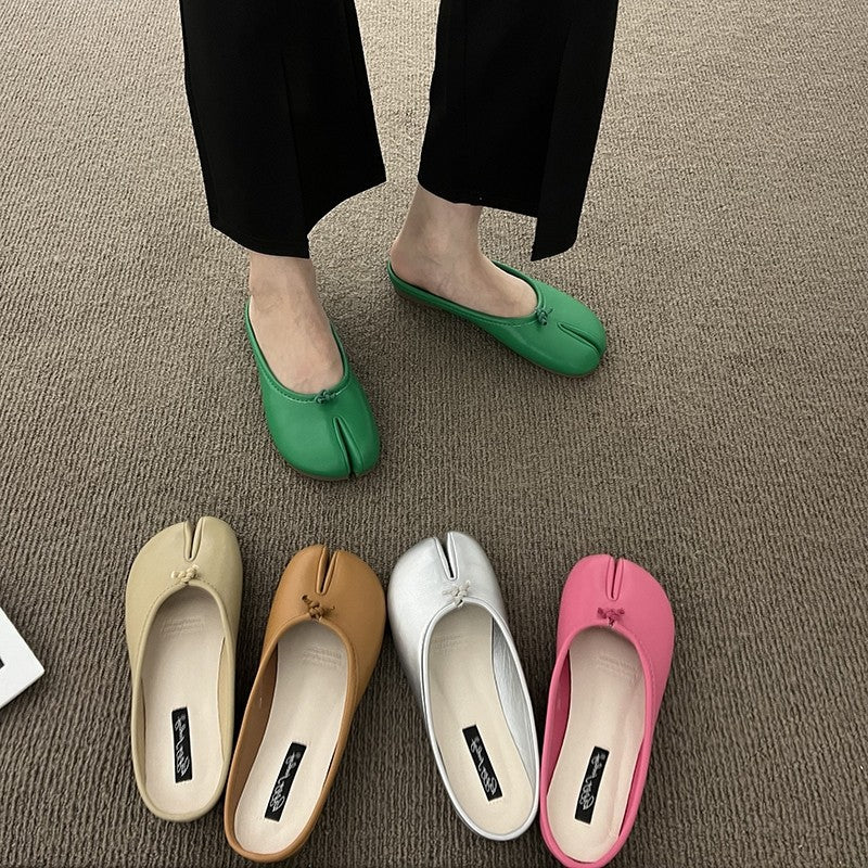 Black Leather Split Toe Tabi Ballet Flats | Japanese Inspired Bifurcated Flat Shoes for Women