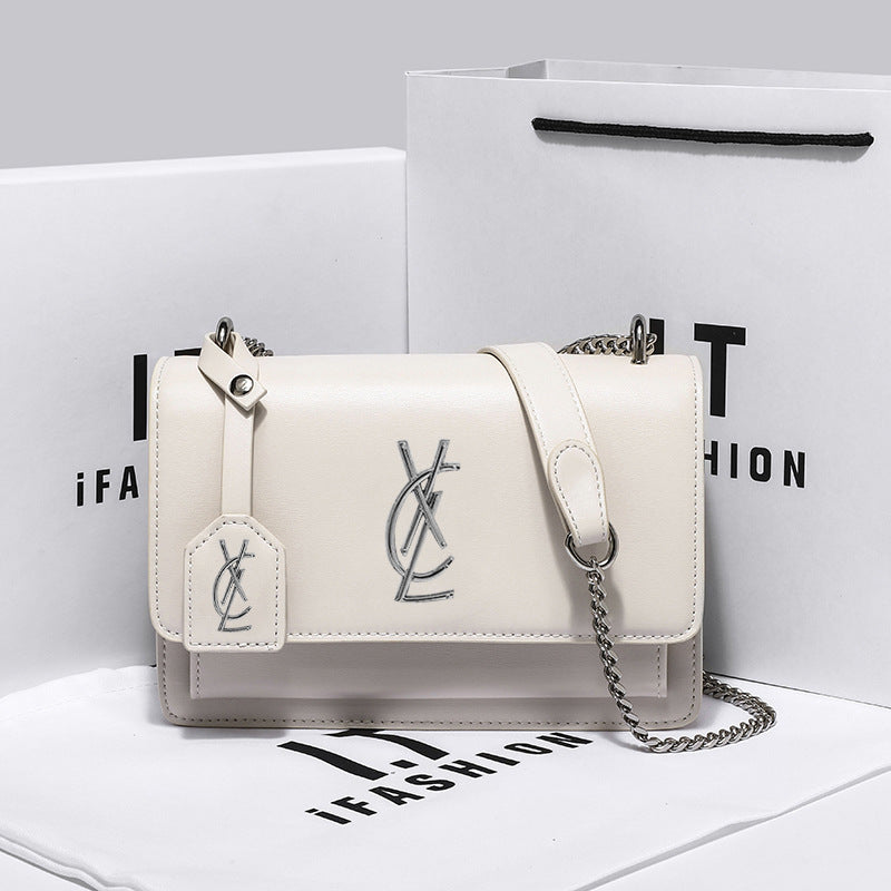 White Leather Crossbody Bag - Designer Inspired Flap Bag with Gold Logo Hardware | Chain Strap Shoulder Bag with Dust Bag