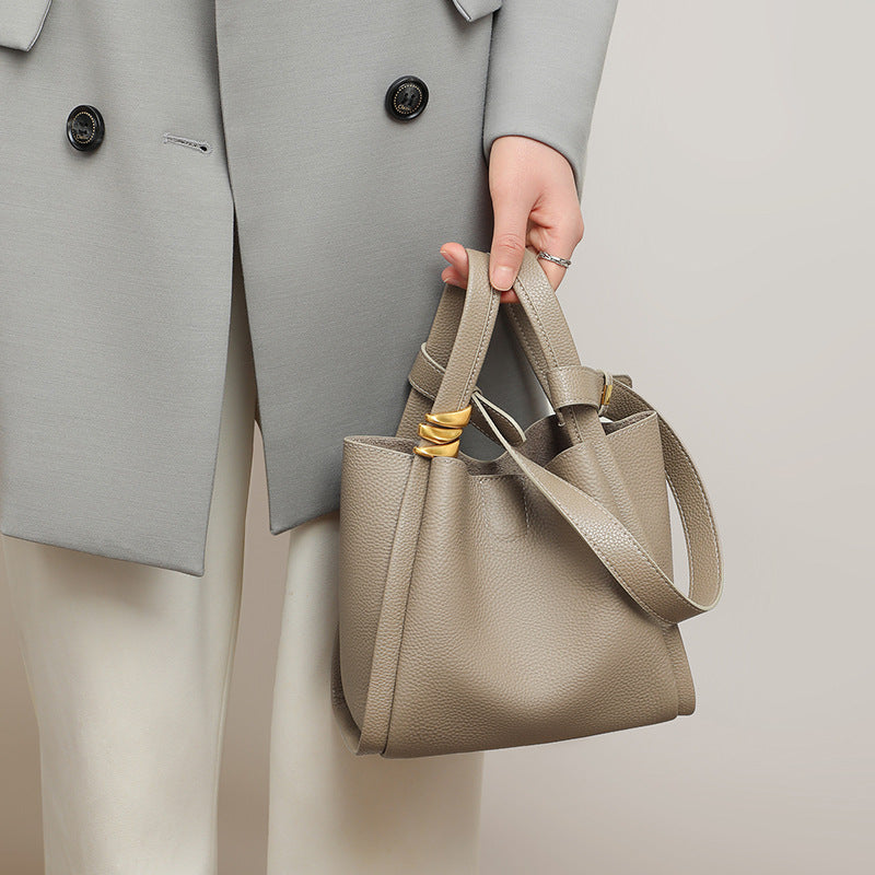 Cream Ivory Leather Tote Bag - Women's Shoulder Bag with Gold Knot Detail | Large Pebbled Leather Tote for Work & Everyday