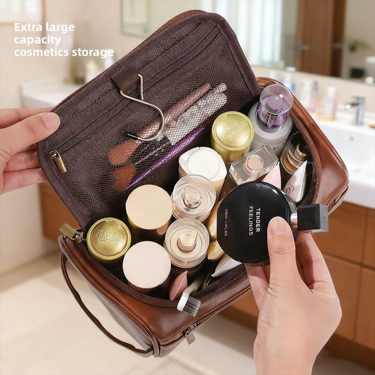 Men's Brown Leather Toiletry Bag Travel Dopp Kit Organizer Waterproof Shaving Bag with Hanging Hook and Multi Zipper Compartments