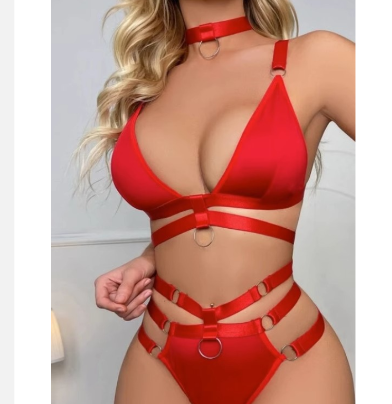Women's Royal Blue Strappy Harness Bra & High Waist Panty Set with Choker ? Sexy 3-Piece O-Ring Lingerie Set