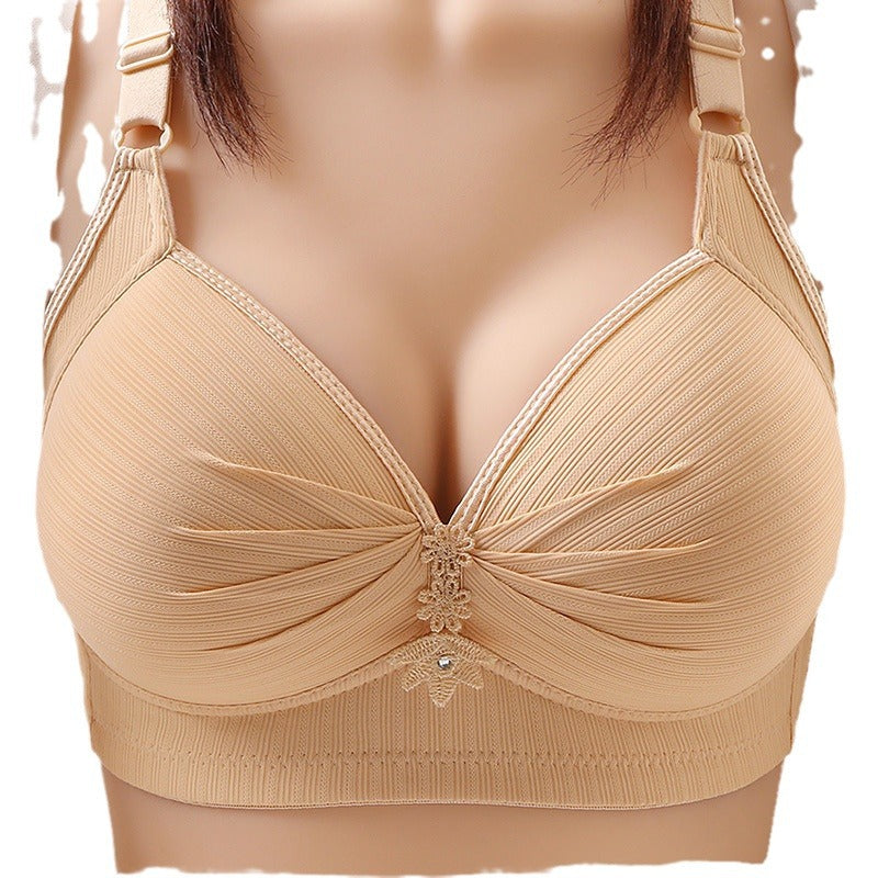Women's Wireless Full Coverage Bra | Floral Center Ruched Ribbed Bra | Wide Strap Comfort Everyday Bra