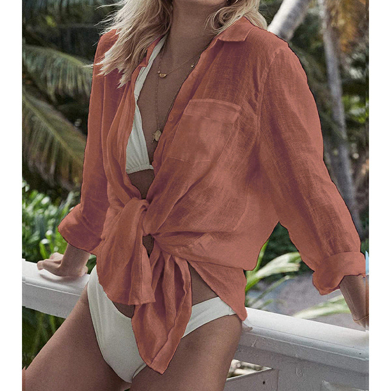 Light Blue Linen Shirt Beach Cover Up, Women Oversized Button Down Tie Front Top, Sheer Cotton Swimwear Cover Up, Boho Vacation Blouse, Resort Wear Beach Shirt Swimsuit Cover