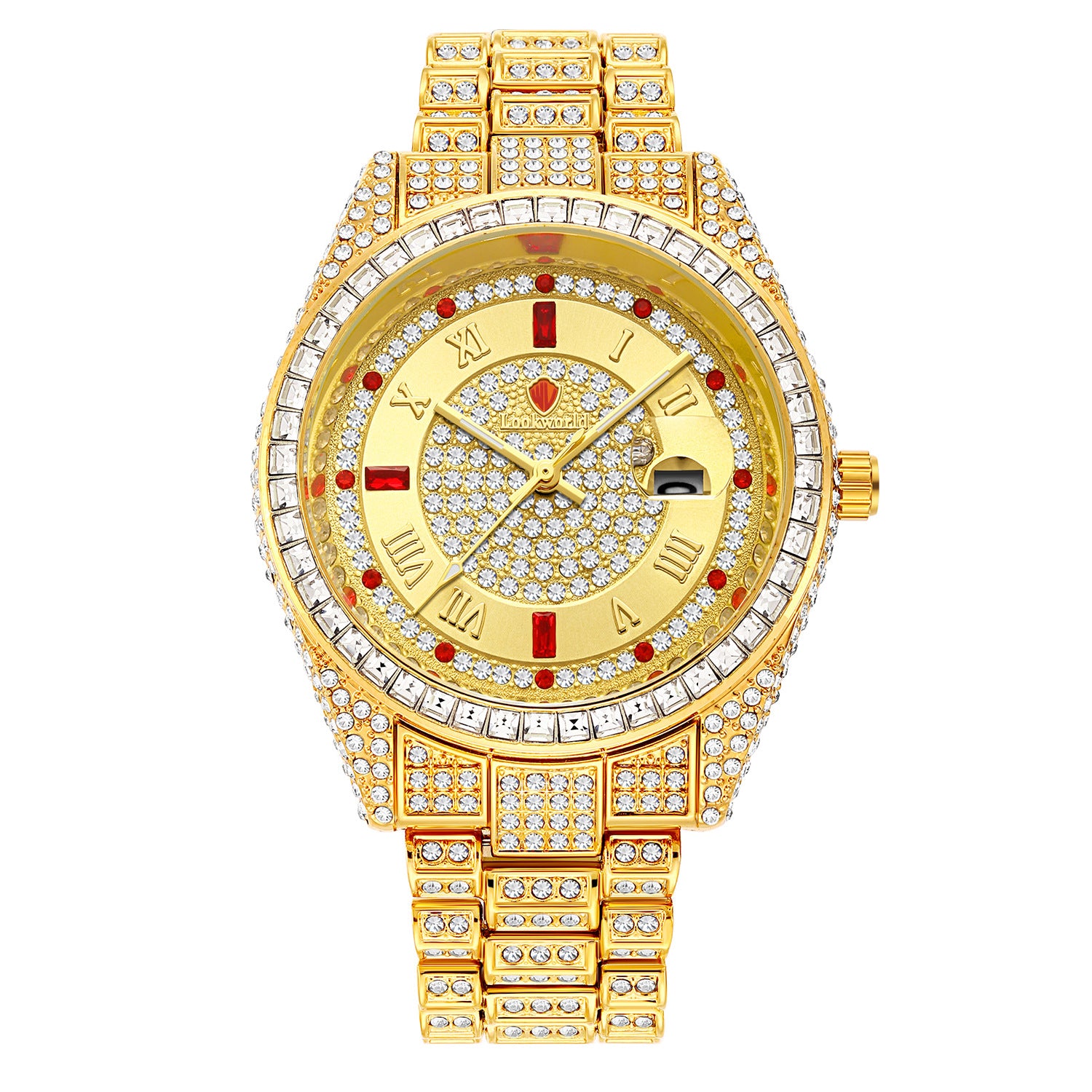 Iced Out Watch Men | Full CZ Diamond Bracelet | Red Ruby Baguette Bezel | Roman Numeral Hip Hop Luxury Watch | Date Display