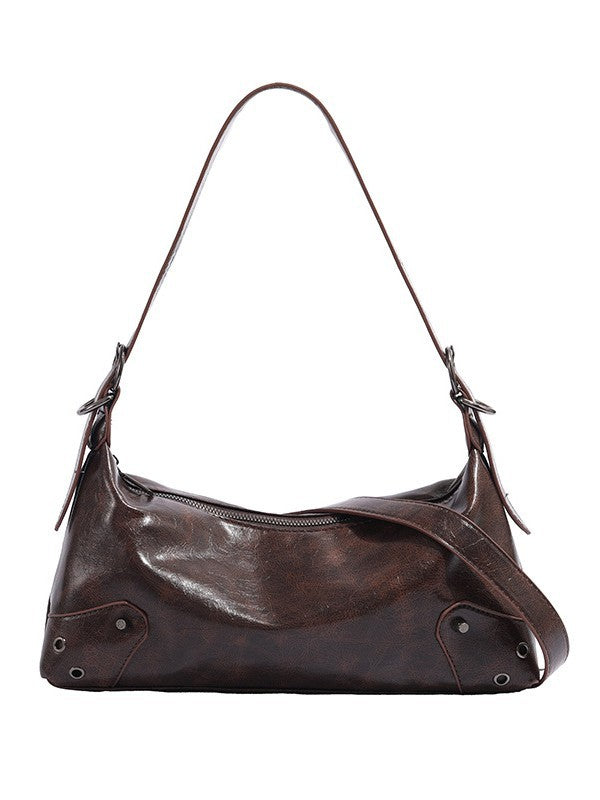Brown Distressed Leather Shoulder Bag - Vintage Y2K Hobo Bag with Studded Details | Crescent Shaped Crossbody with Buckle Strap