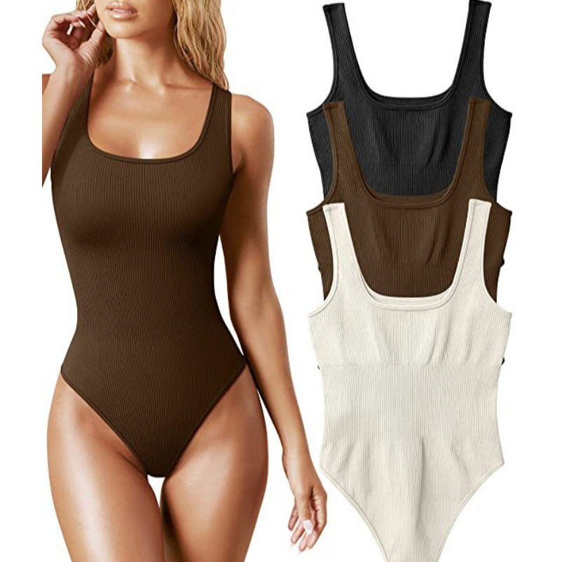 Ribbed Thong Bodysuit for Women | Scoop Neck Sleeveless Fitted Body Suit | 8 Colors Seamless Stretch Tank Bodysuit