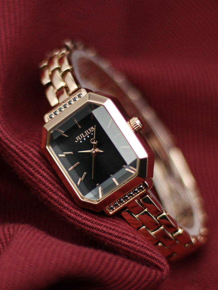 Julius REGA Women's Rose Gold Watch | Purple Sunburst Dial Octagonal Ruby Crystal Luxury Quartz Watch
