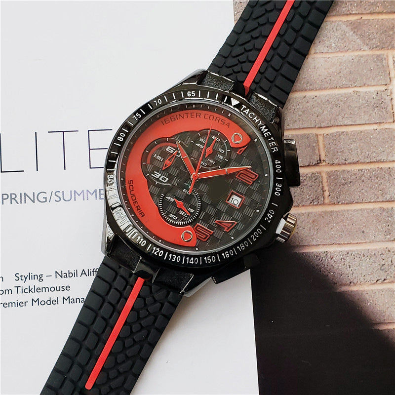 Men's Scuderia Racing Chronograph Watch | 166 Inter Corsa Tachymeter Black Yellow Carbon Dial | Red Hands Date Rubber Strap Sport Timepiece