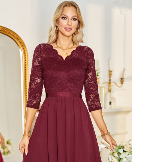 Burgundy Lace Chiffon Midi Dress | 3/4 Sleeve V-Neck Bridesmaid Wedding Guest Dress
