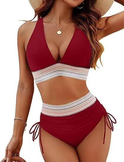 Black Chevron Crochet Panel Halter Bikini Set | Deep V Top & High Waist Drawstring Ruched Bottoms | Boho Tummy Control Two Piece Swimsuit Women