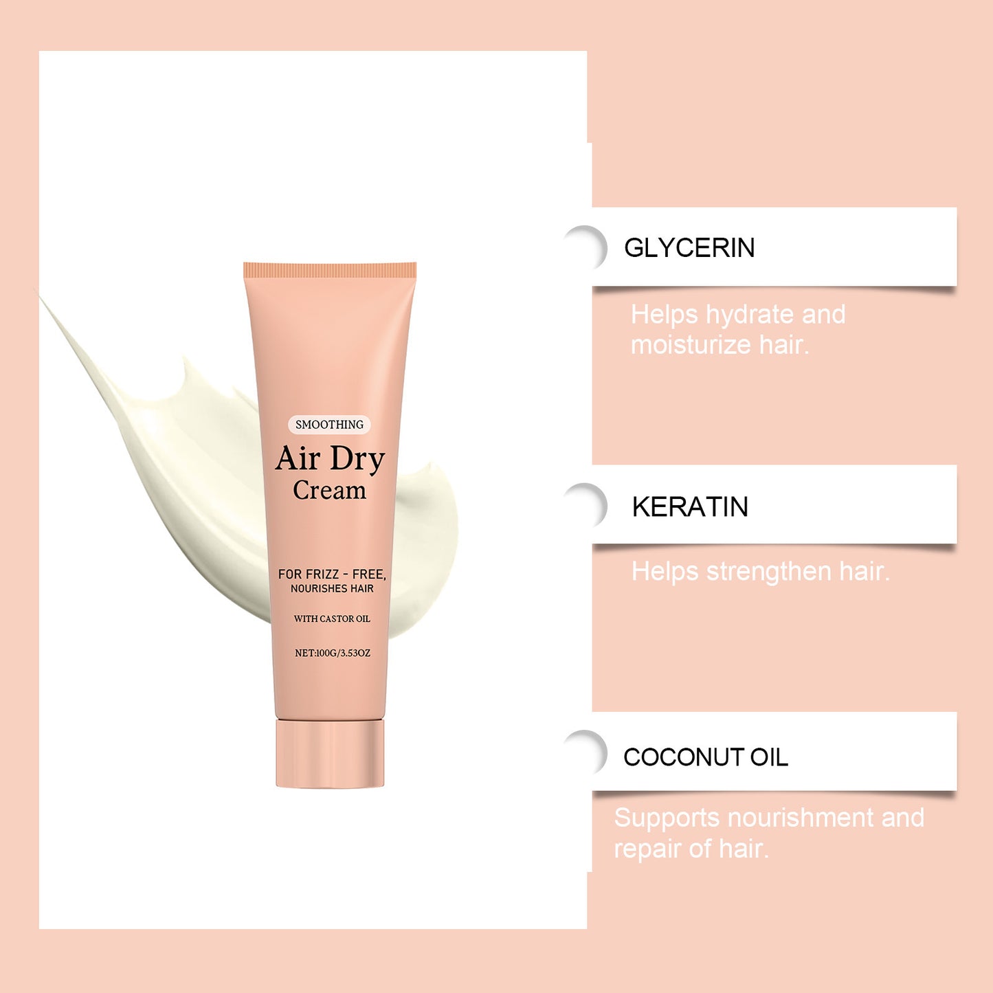 Smoothing Air Dry Cream with Castor Oil | Frizz-Free Nourishing Leave-In Hair Cream for Natural Air Drying & Smooth Sleek Hair ? 100g / 3.53oz