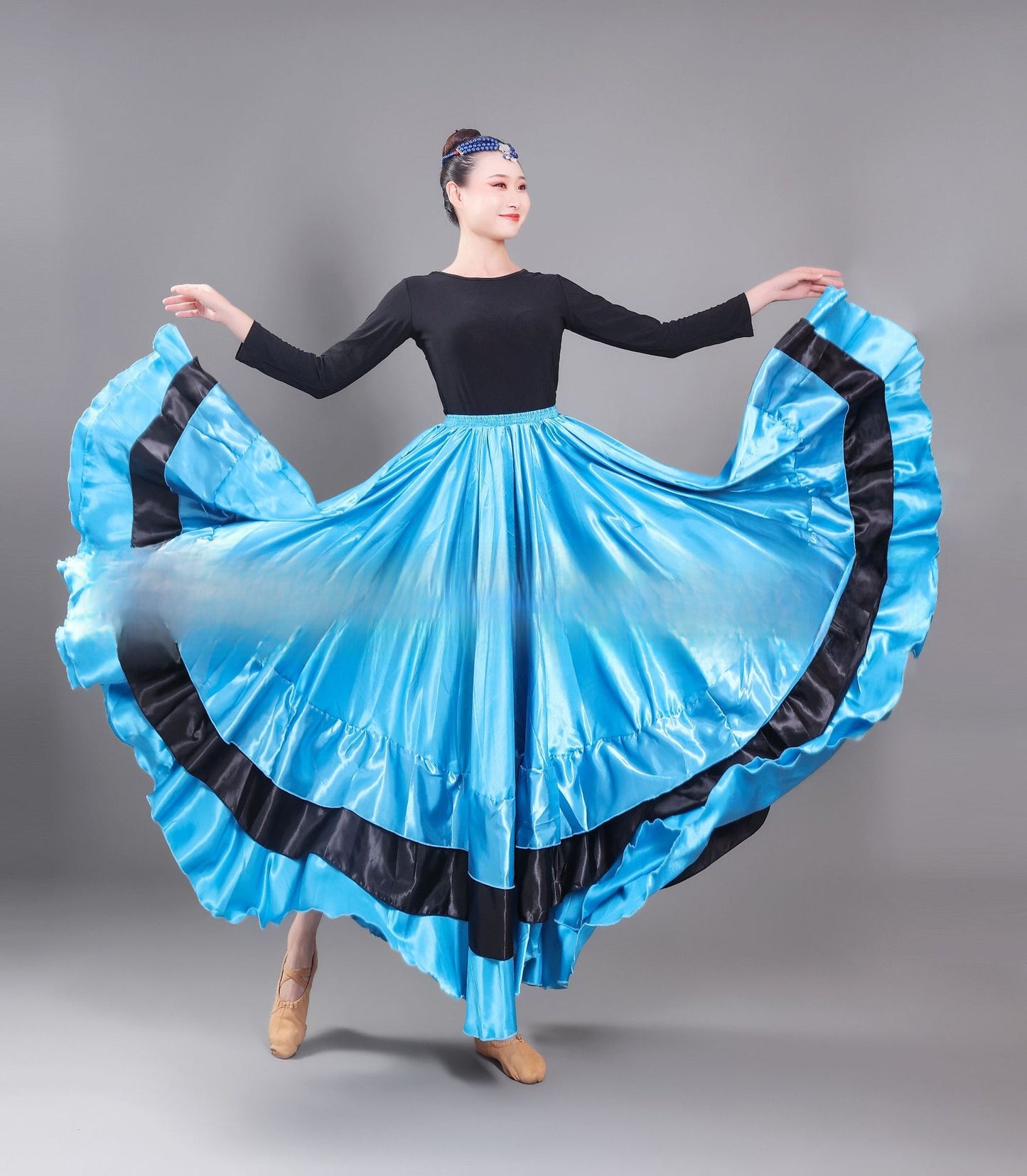 Flamenco Dance Skirt | Spanish Ballroom Swing Skirt | Red & Black Satin Ruffle Maxi Skirt | Performance Costume for Women