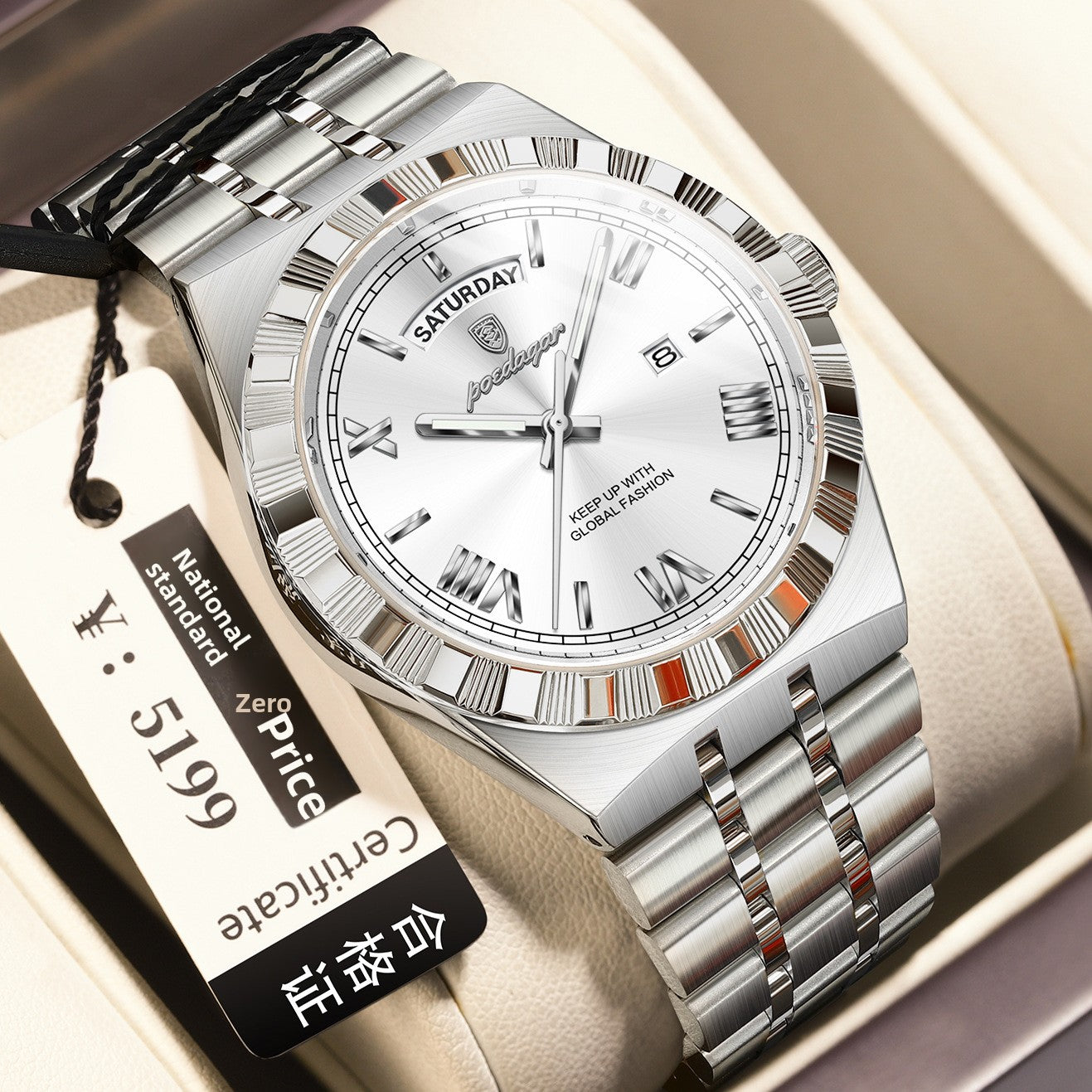 Poedagar Silver Stainless Steel Black Dial Luxury Watch | Day Date Roman Numeral Men's Dress Watch | Waterproof Quartz Wristwatch