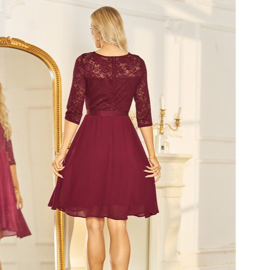 Burgundy Lace Chiffon Midi Dress | 3/4 Sleeve V-Neck Bridesmaid Wedding Guest Dress
