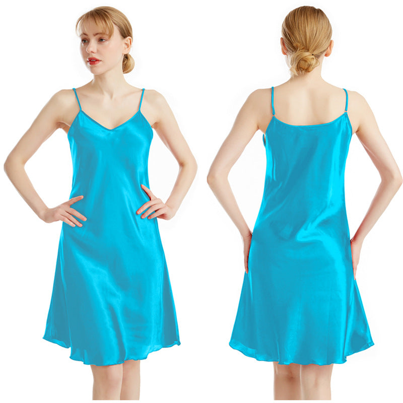 Women's Wine Red Satin V Neck Midi Slip Nightgown Elegant Sleeveless A-Line Sleep Dress Chemise Luxury Sleepwear