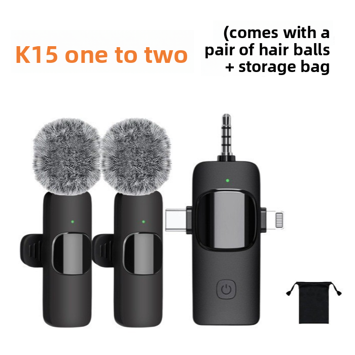 K15 Wireless Lavalier Microphone 1-to-2 | Dual Clip-On Mic for iPhone Android & Camera | USB Type-C Lightning 3.5mm Vlogging Mic