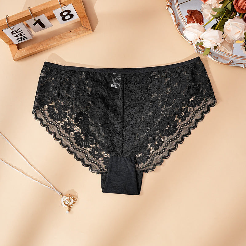 Floral Lace Panties for Women Soft Breathable Mid-Rise Briefs Scalloped Edge Black White Navy Burgundy