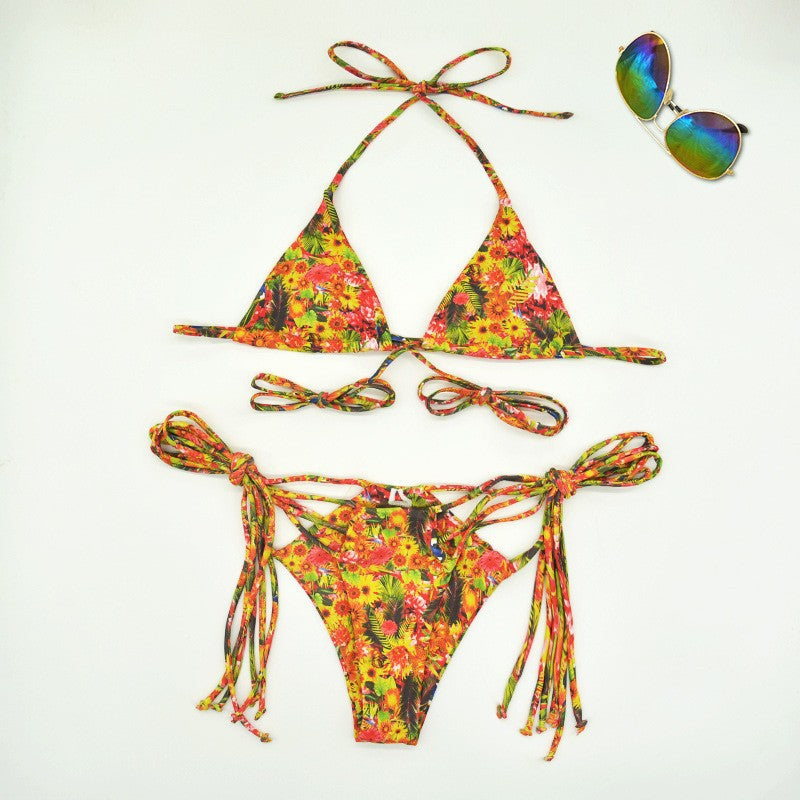 Tropical Palm Print Lace Up Bikini Set, Crisscross Strappy Halter Top & Tie Side Bottom, Women Cutout Multi Strap Swimwear, Sexy Beach Swimsuit, Peach Green Exotic Vacation Bathing Suit