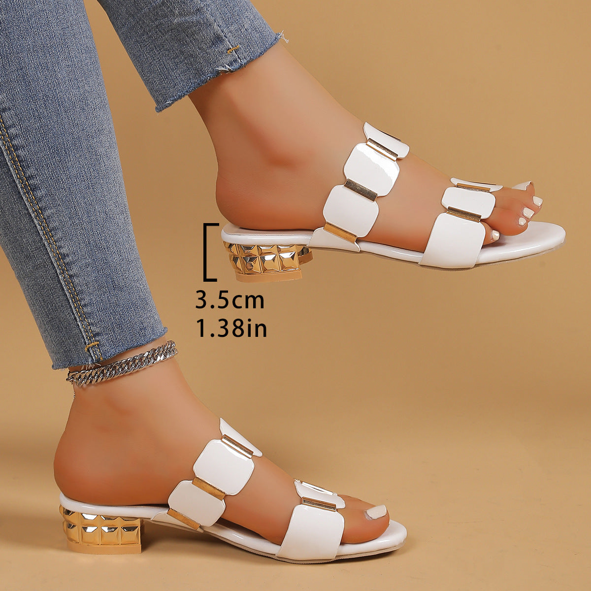 Black Patent Double Strap Slide Sandals with Gold Geometric Hardware | Women's Block Heel Mule Sandals