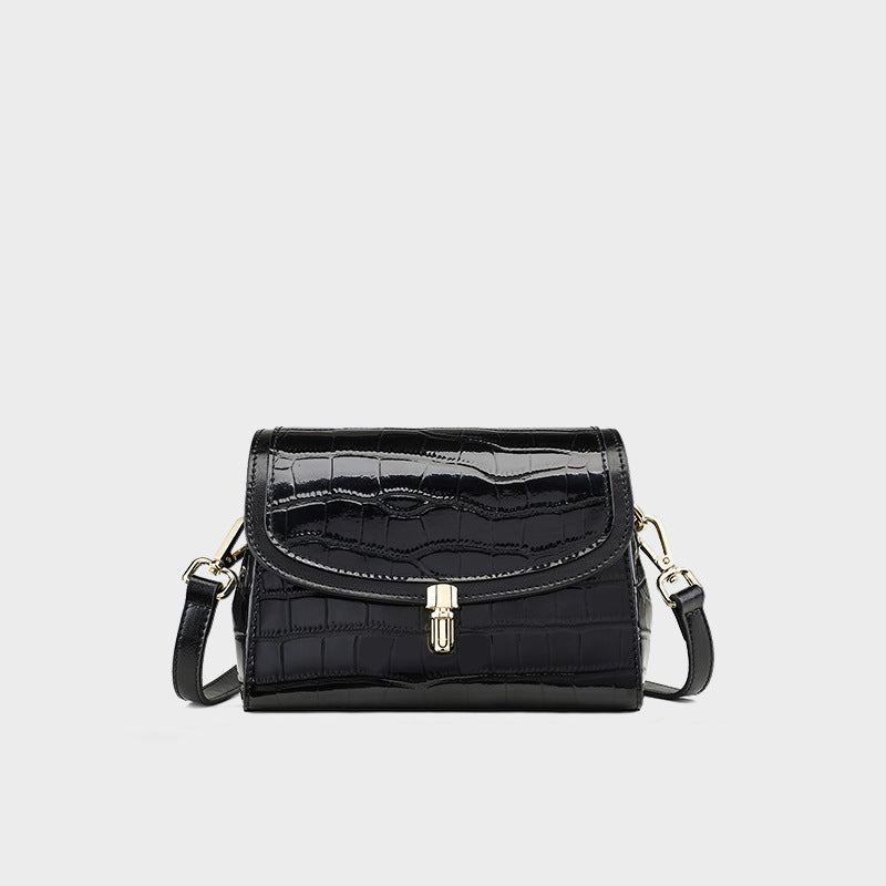 Black Crocodile Embossed Leather Crossbody Bag - Structured Flap Shoulder Bag with Lock Closure | Women's Classic Handbag