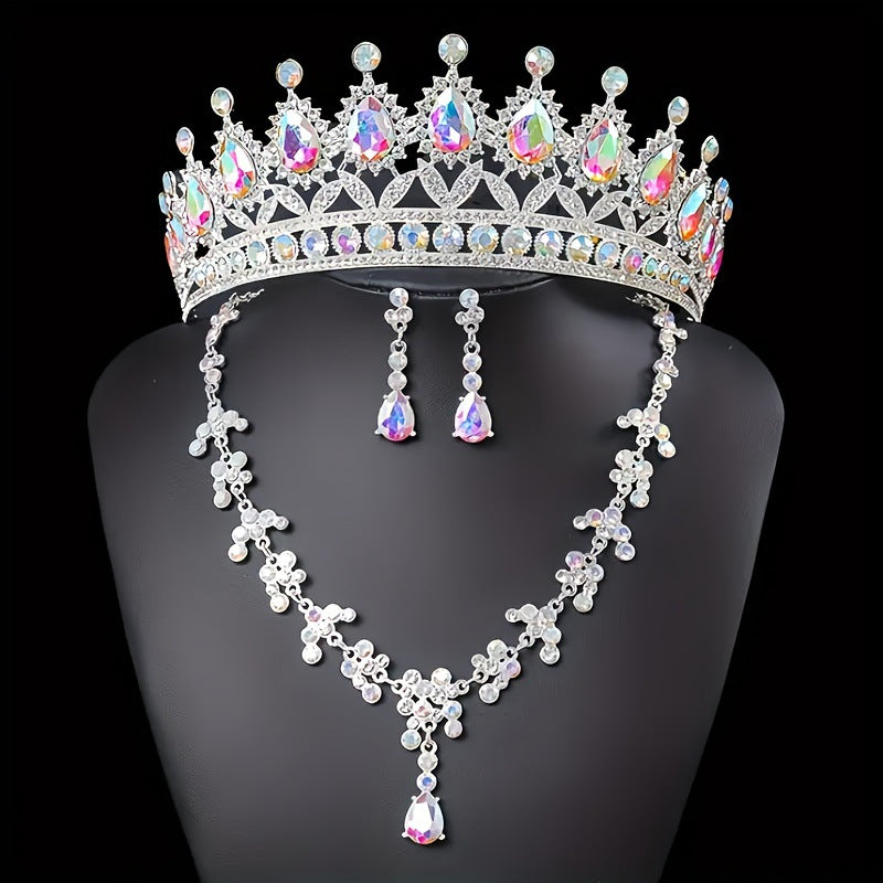 Bridal Crown Jewelry Set | Crystal Tiara Necklace & Earrings | Wedding Queen Accessories