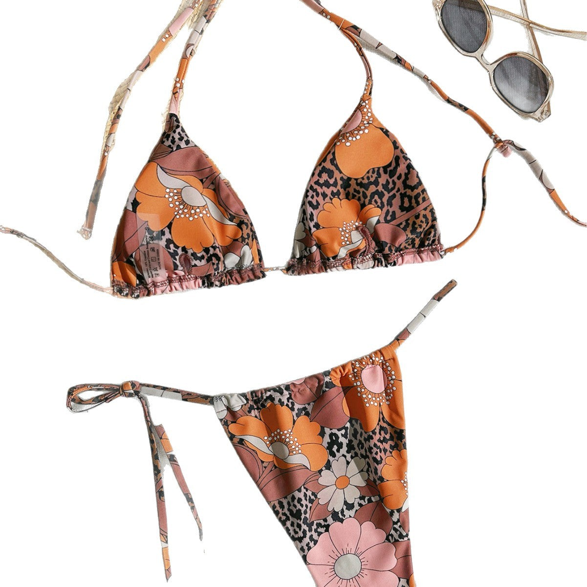 Retro Floral Mixed Print Bikini Set, Wrap Around Tie Top & String Bottom, Women Boho Patchwork Swimwear, 70s Vintage Beach Swimsuit, Brown Pink Halter Bikini