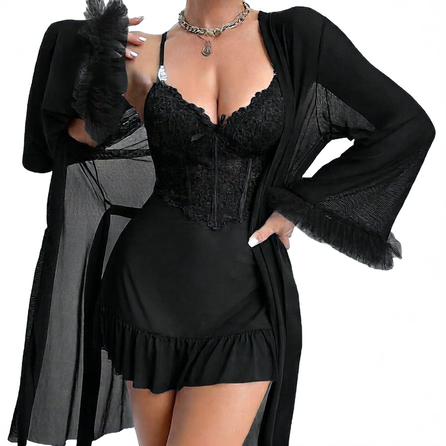 Navy Blue Lace Corset Babydoll Dress & Sheer Mesh Robe Set | Ruffle Hem 2-Piece Lingerie Set