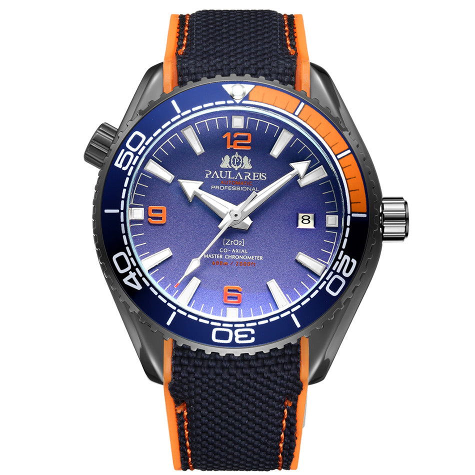 Paulares Professional Herren-Taucheruhr | Cremefarbenes Zifferblatt, orangefarbene Lünette, graues NATO-Nylonarmband, Meisterchronometer, Sportuhr 