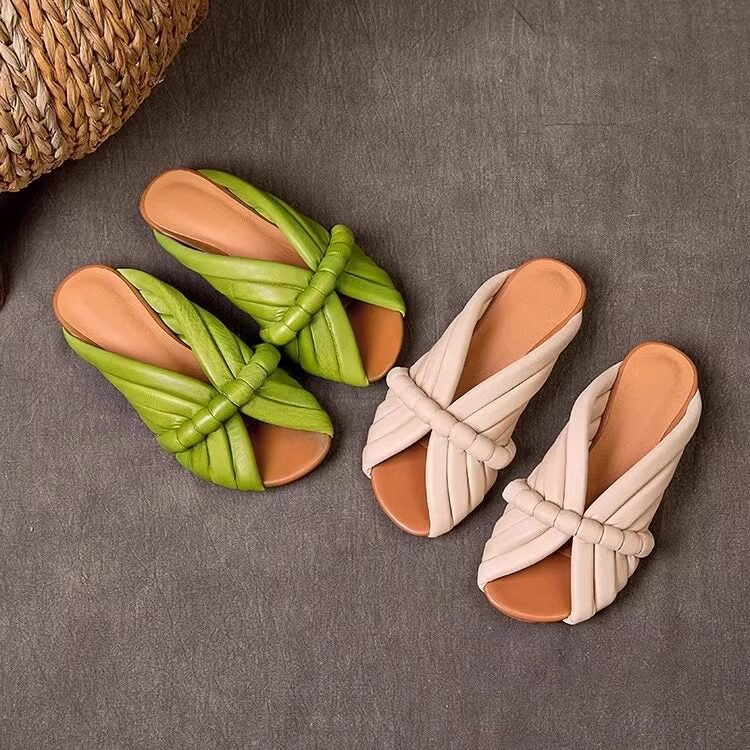 Damen-Sandalen mit geflochtenem Knoten | Offene Pantoletten – Beigefarbene Sommerschuhe in Lederoptik für Damen 