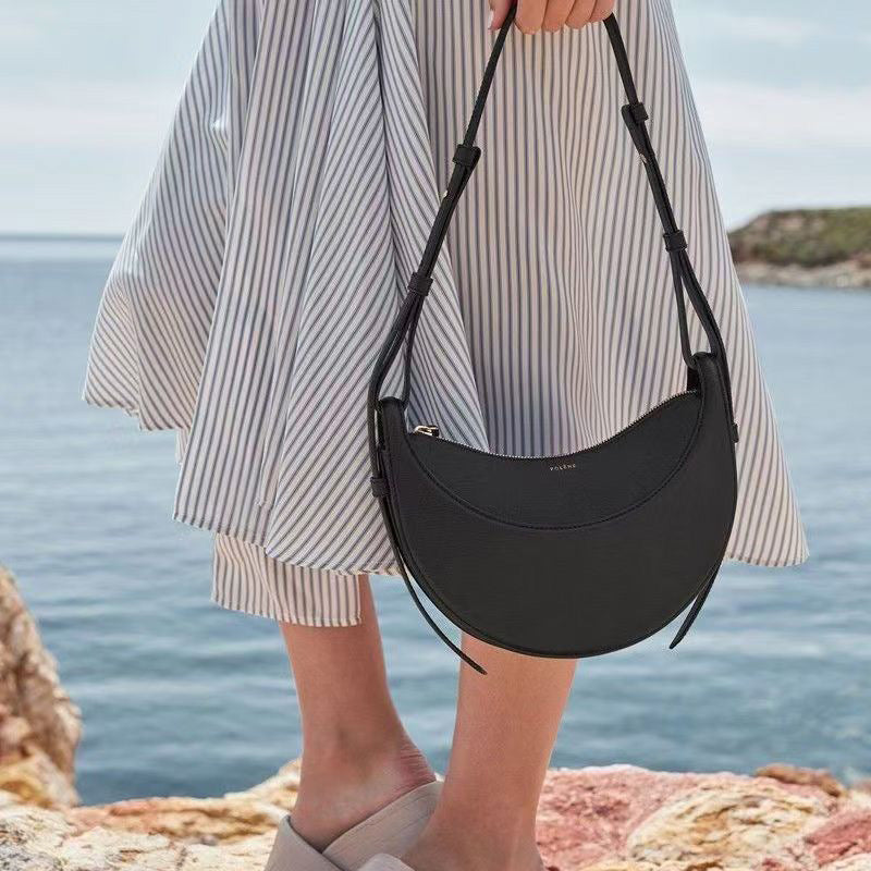 Polene Style Cream Crescent Bag - Half Moon Leather Shoulder Bag | Women's French Inspired Minimalist Hobo Bag with Adjustable Strap