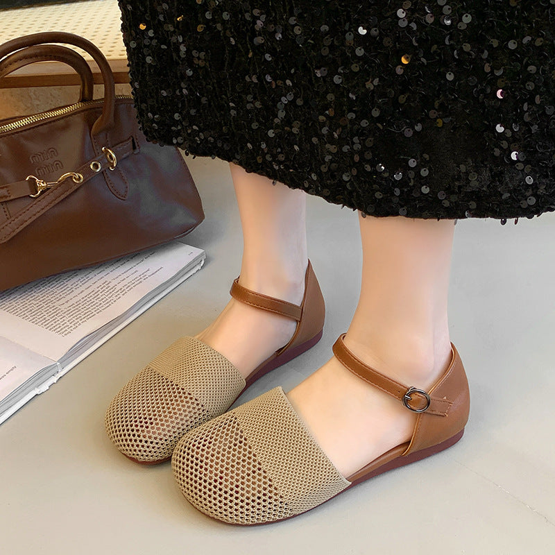 Tan Brown Mesh Cutout Flat Sandals for Women | Breathable Hollow Out Ankle Strap Flat Shoes | Casual Summer D'Orsay Sandals | Comfortable Everyday Flat Sandals