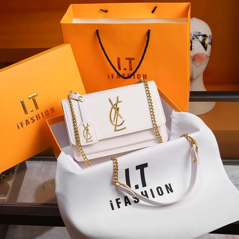 White Leather Crossbody Bag - Designer Inspired Flap Bag with Gold Logo Hardware | Chain Strap Shoulder Bag with Dust Bag