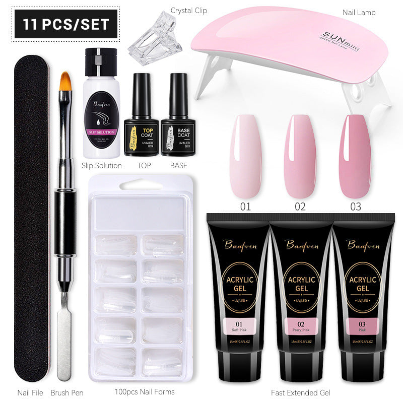 Baafven 11PCS Acrylic Gel Nail Extension Kit | Poly Gel Set with UV LED Nail Lamp, Top & Base Coat, Nail Forms & Tools