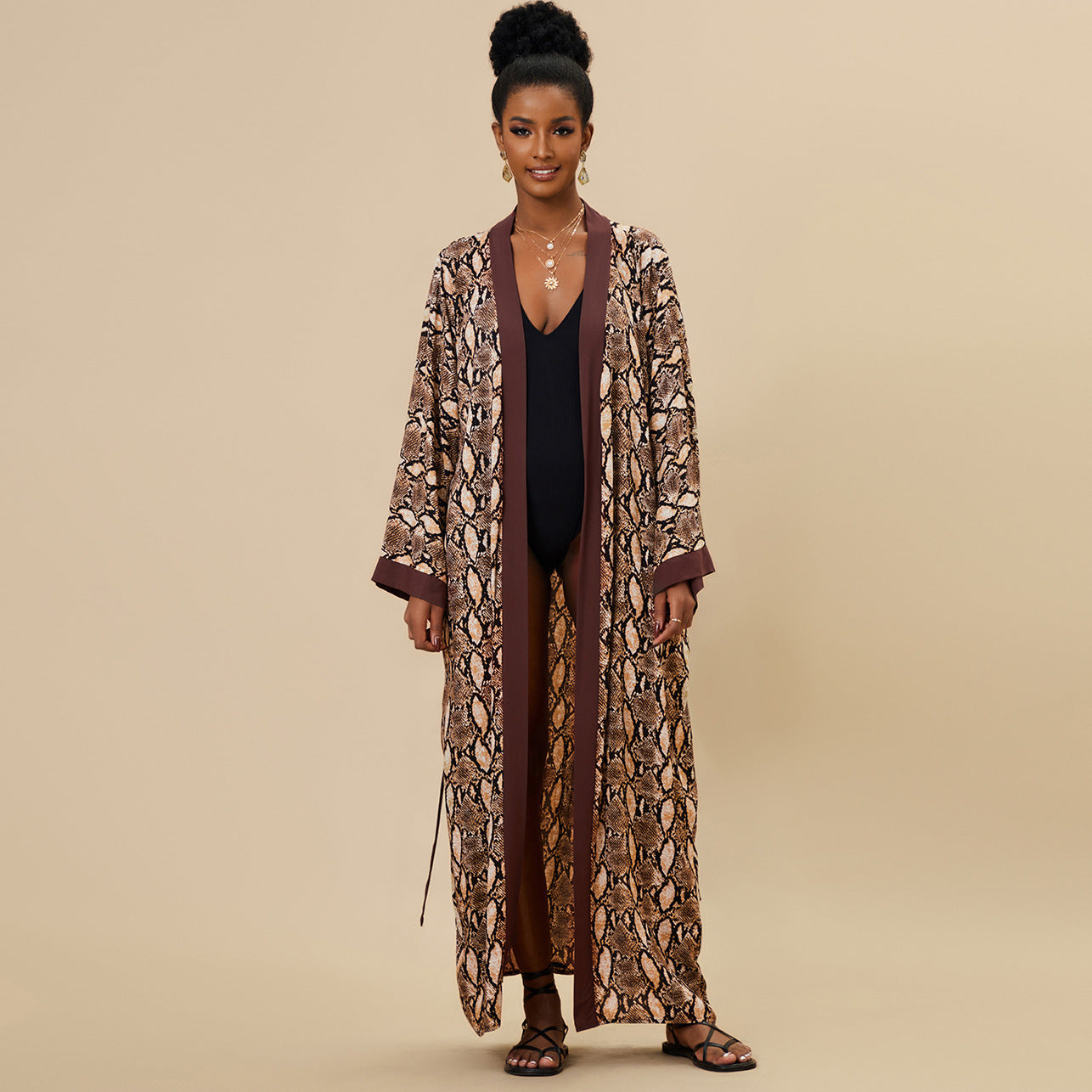 Women's Zebra Print Maxi Kimono Cover-Up | Long Belted Open Front Cardigan | Beach Pool Swimsuit Cover Up ? Black & White Animal Print