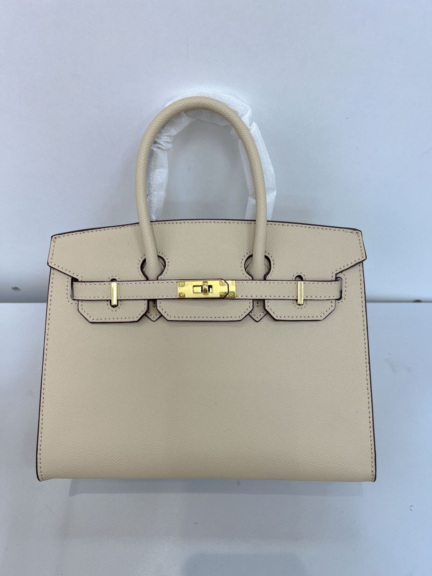 Women's Luxury Structured Leather Tote Bag | Taupe Grey Gold Hardware Top Handle Handbag | Designer Style Purse