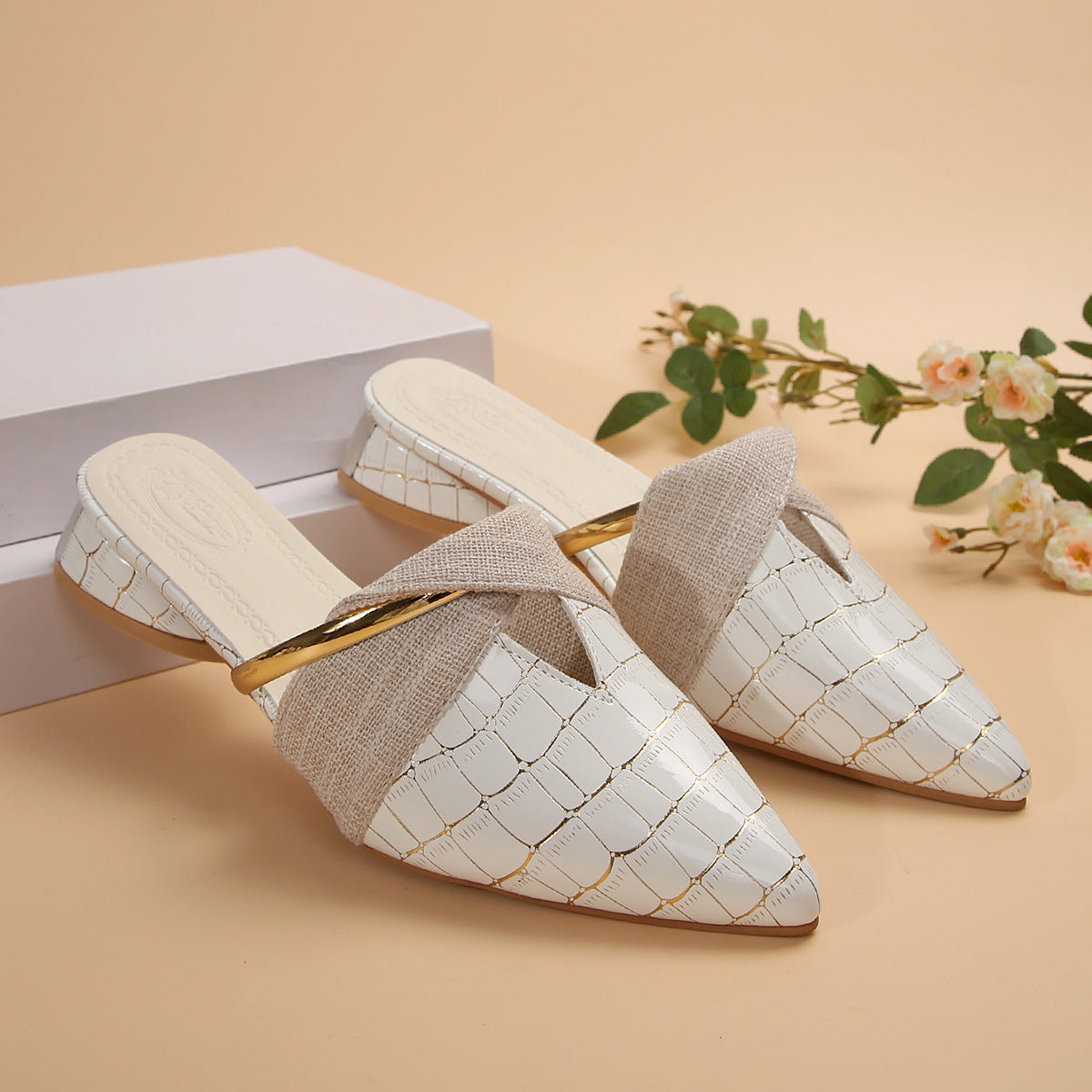 Croc Embossed Pointed Toe Mule Flats | Beige Gold Ring Slip-On Flat Shoes | Women's Luxury Casual Backless Loafer Mules