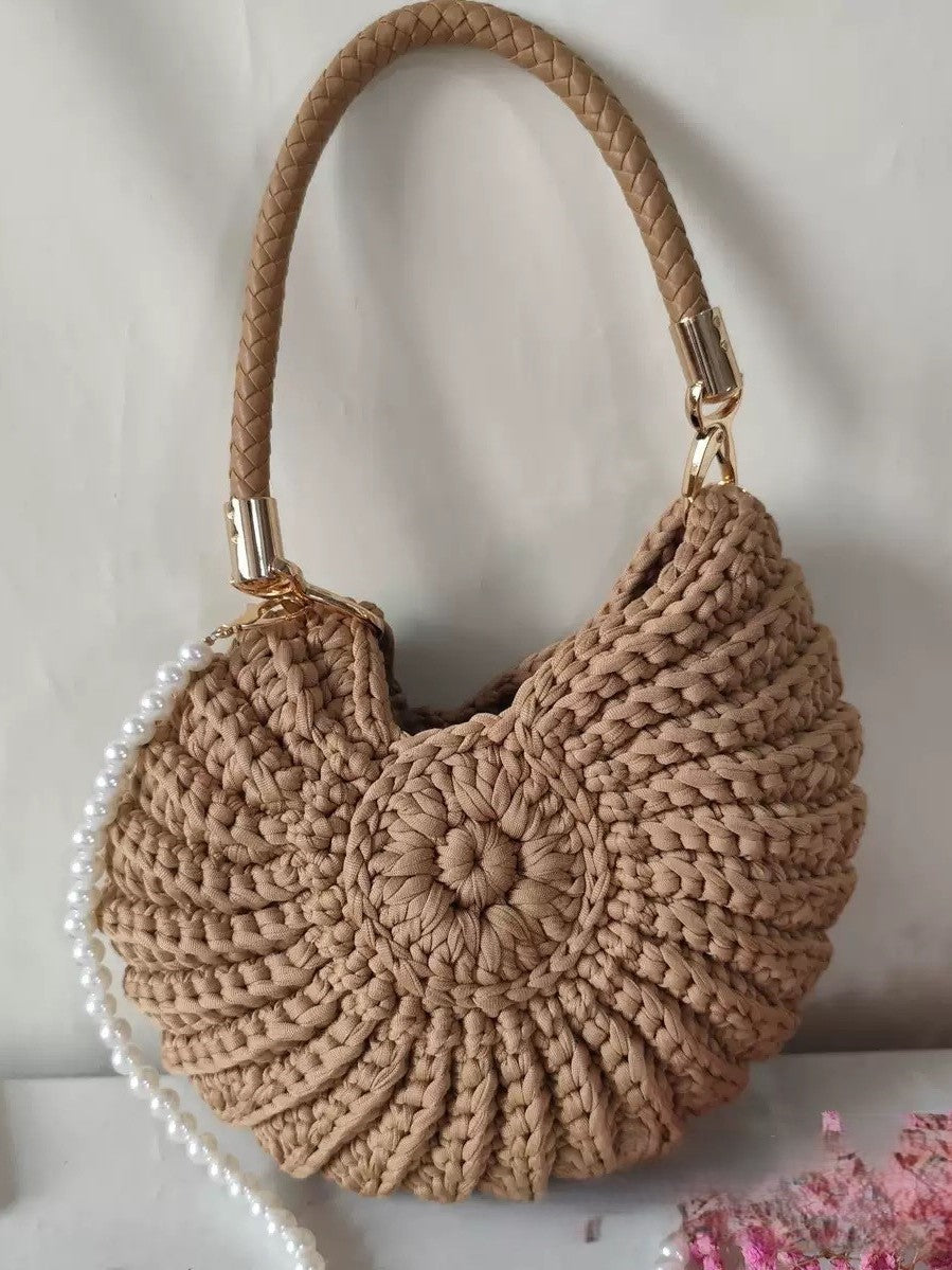 White Crochet Shell Bag | Pearl Chain Strap Handbag Woven Shoulder Purse for Women