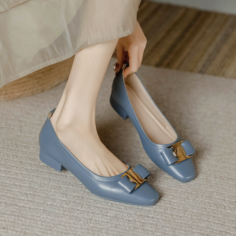 Beige Bow Flat Pumps Women Square Toe Low Heel Dress Shoes Slip-On Office Work Loafers