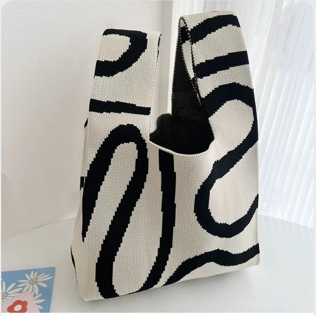 Black & White Geometric Knit Tote Bag | Aztec Pattern Wrist Handle Handbag | Boho Crochet Style Women's Bag