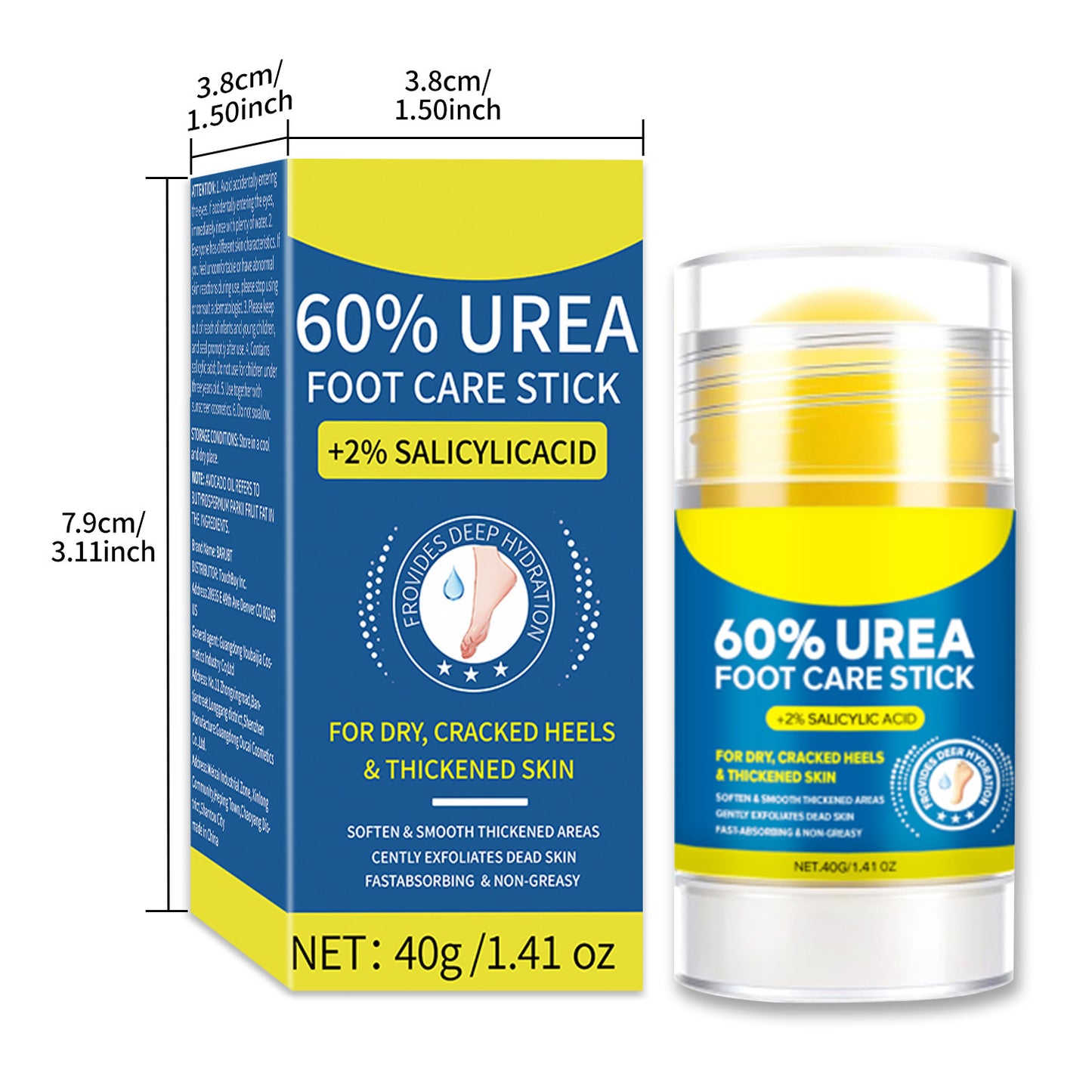 60% Urea Foot Care Stick + 2% Salicylic Acid | Deep Hydration for Dry Cracked Heels & Thickened Skin | Fast Absorbing Non-Greasy Foot Balm | 40g