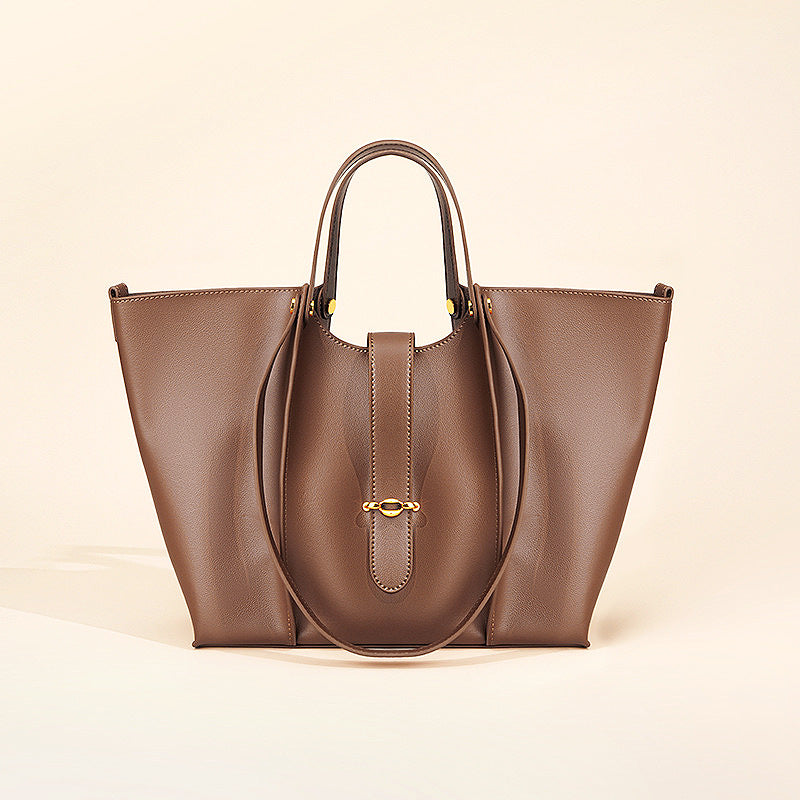 Caramel Tan Leather Tote Bag - Women's Structured Shoulder Bag with Gold Hardware | Large Capacity Work & Professional Tote