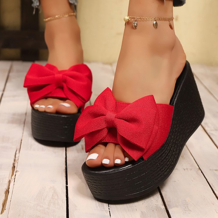 Cream Bow Platform Wedge Sandals | High Wedge Slide Mule Open Toe Summer Shoes Women