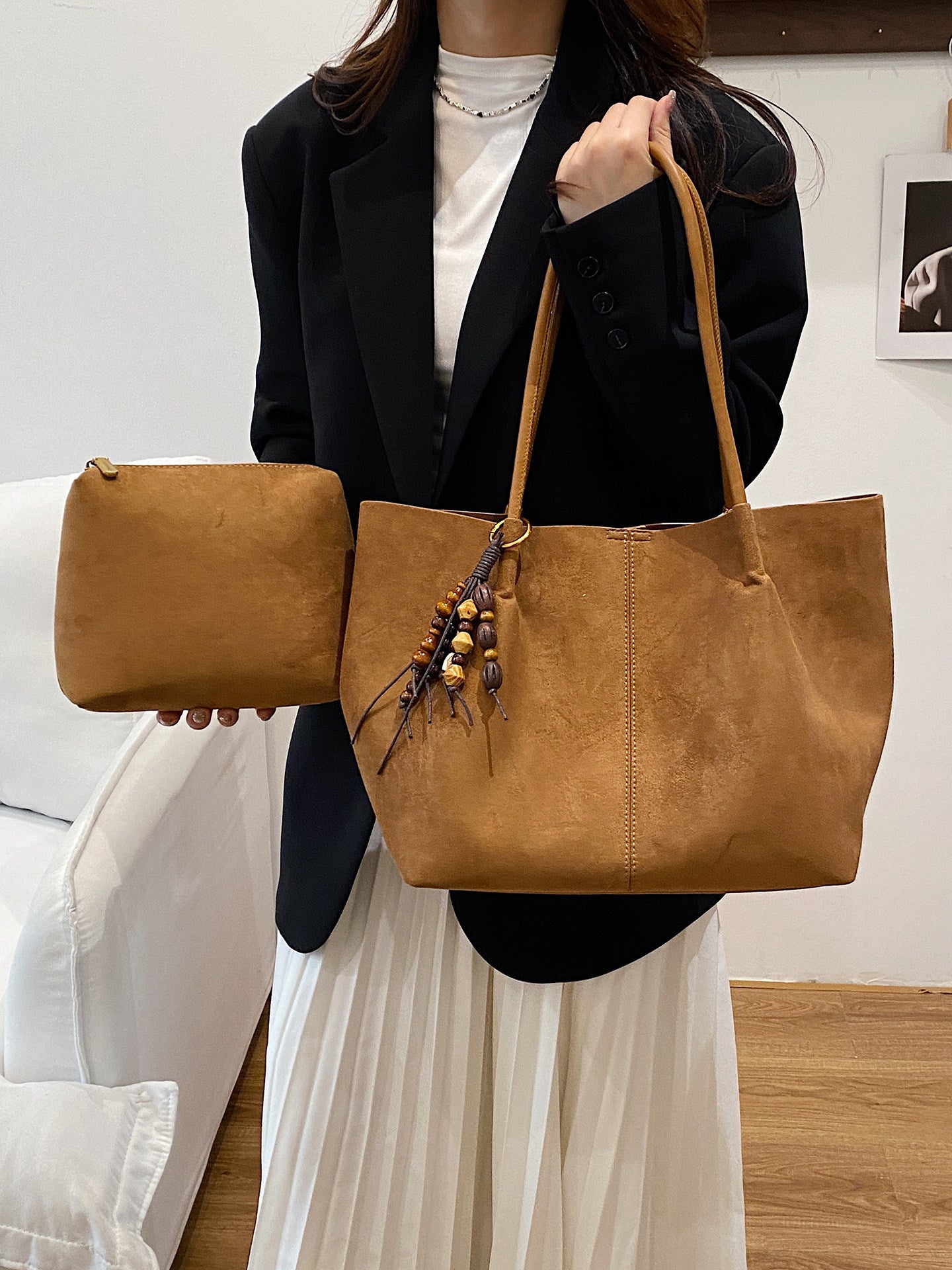 Olive Green Suede Tote Bag with Wooden Bead Charm | Large Shoulder Bag