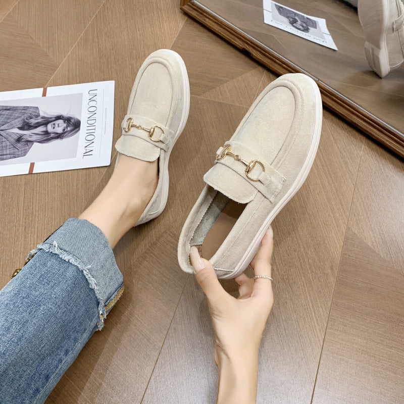 Women's Grey Suede Horsebit Loafers ? Luxury Inspired Slip-On Flat Shoes with Gold Hardware