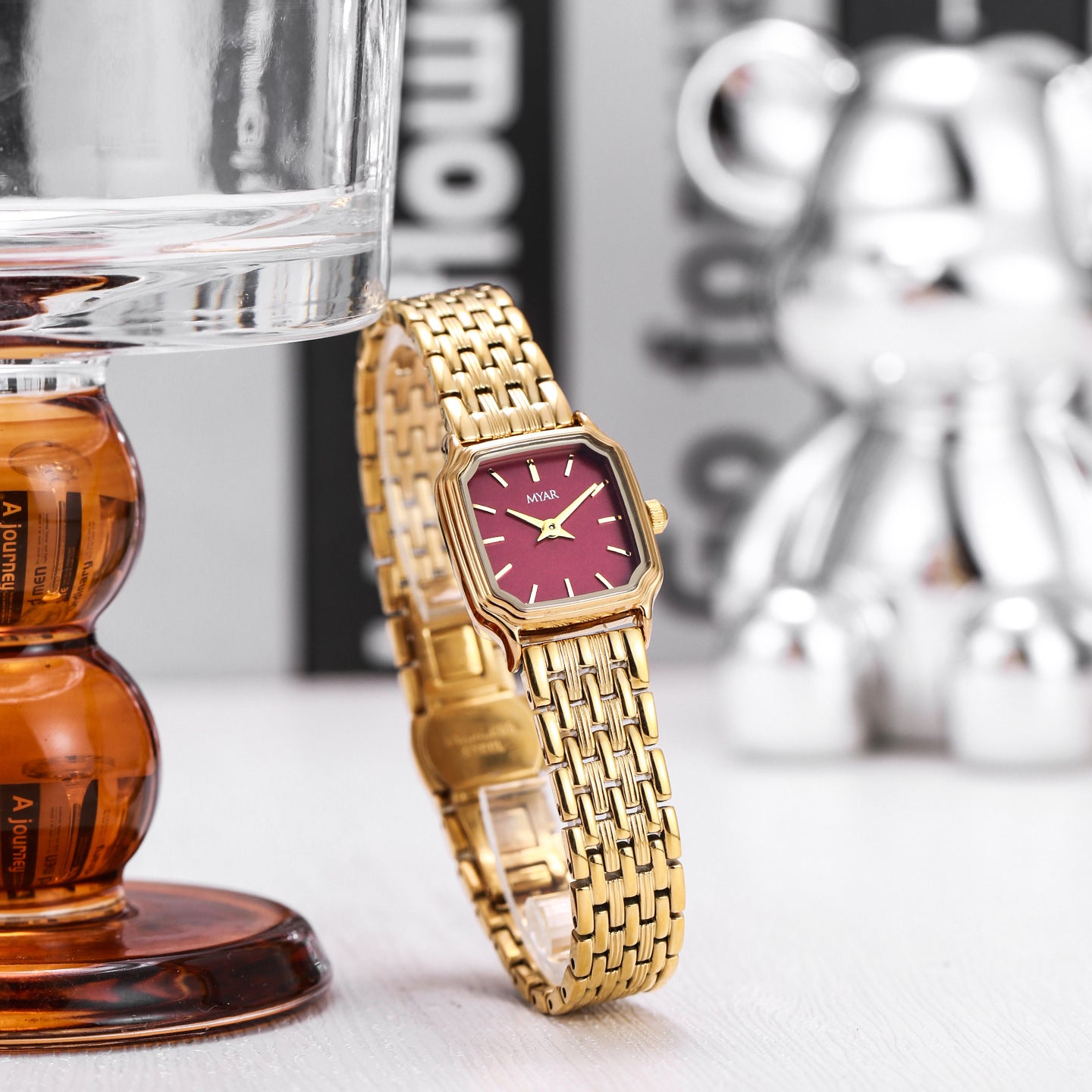 MYAR Swiss Made Women's Watch | Burgundy Red Dial | Gold Square Case | Luxury Panther Link Bracelet | Ladies Elegant Dress Watch | UAE