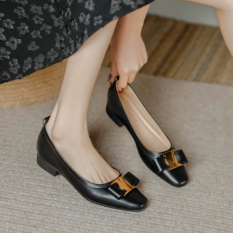 Beige Bow Flat Pumps Women Square Toe Low Heel Dress Shoes Slip-On Office Work Loafers