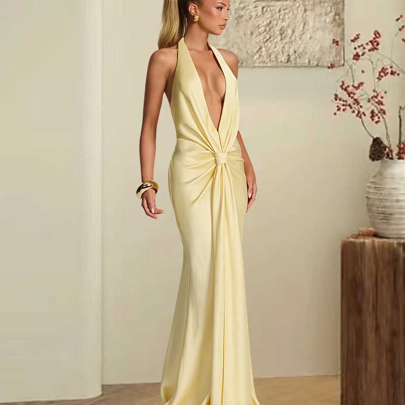 Yellow Satin Halter Neck Deep V Maxi Dress | Women's Ruched Backless Evening Gown