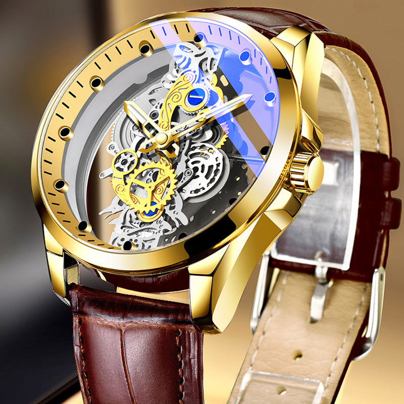 Men's Skeleton Automatic Mechanical Watch | Hollow Tourbillon Gold Gear Stainless Steel | Blue Accent Luxury Timepiece