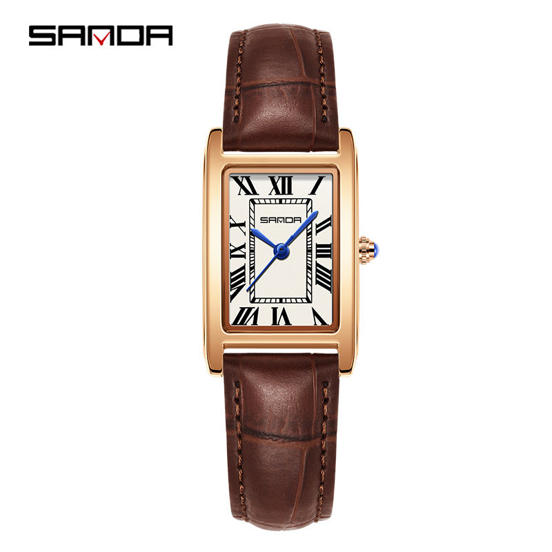 SANDA Women's Rectangle Rose Gold Watch | White Roman Numeral Dial Blue Hands Black Leather Strap Classic Quartz Timepiece