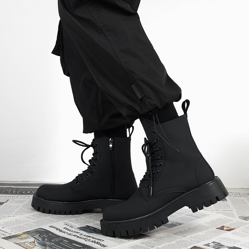 Black Combat Boots Men Women Lace Up Side Zip Platform Military Ankle Boots Matte Leather Tactical Boots